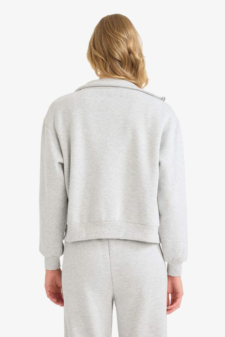 Relax Fit Yarım Balıkçı Yaka Baskılı Kalın Fermuarlı Sweatshirt