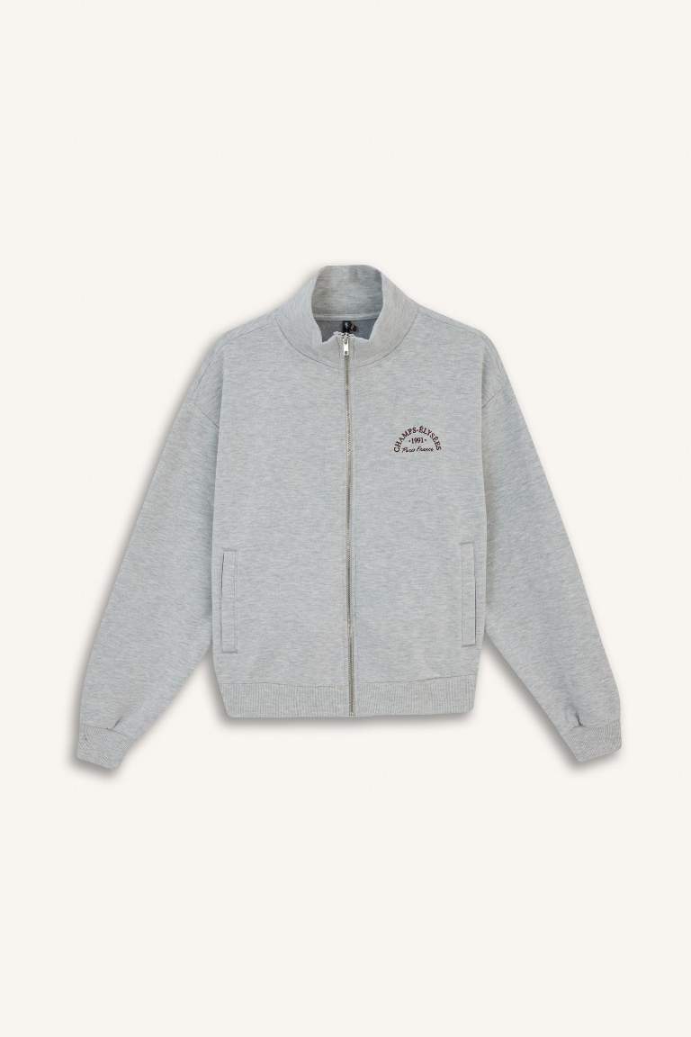 Relax Fit Yarım Balıkçı Yaka Baskılı Kalın Fermuarlı Sweatshirt