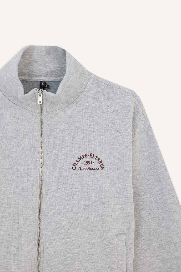 Relax Fit Yarım Balıkçı Yaka Baskılı Kalın Fermuarlı Sweatshirt