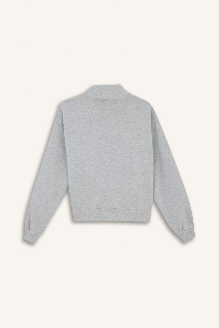 Relax Fit Yarım Balıkçı Yaka Baskılı Kalın Fermuarlı Sweatshirt
