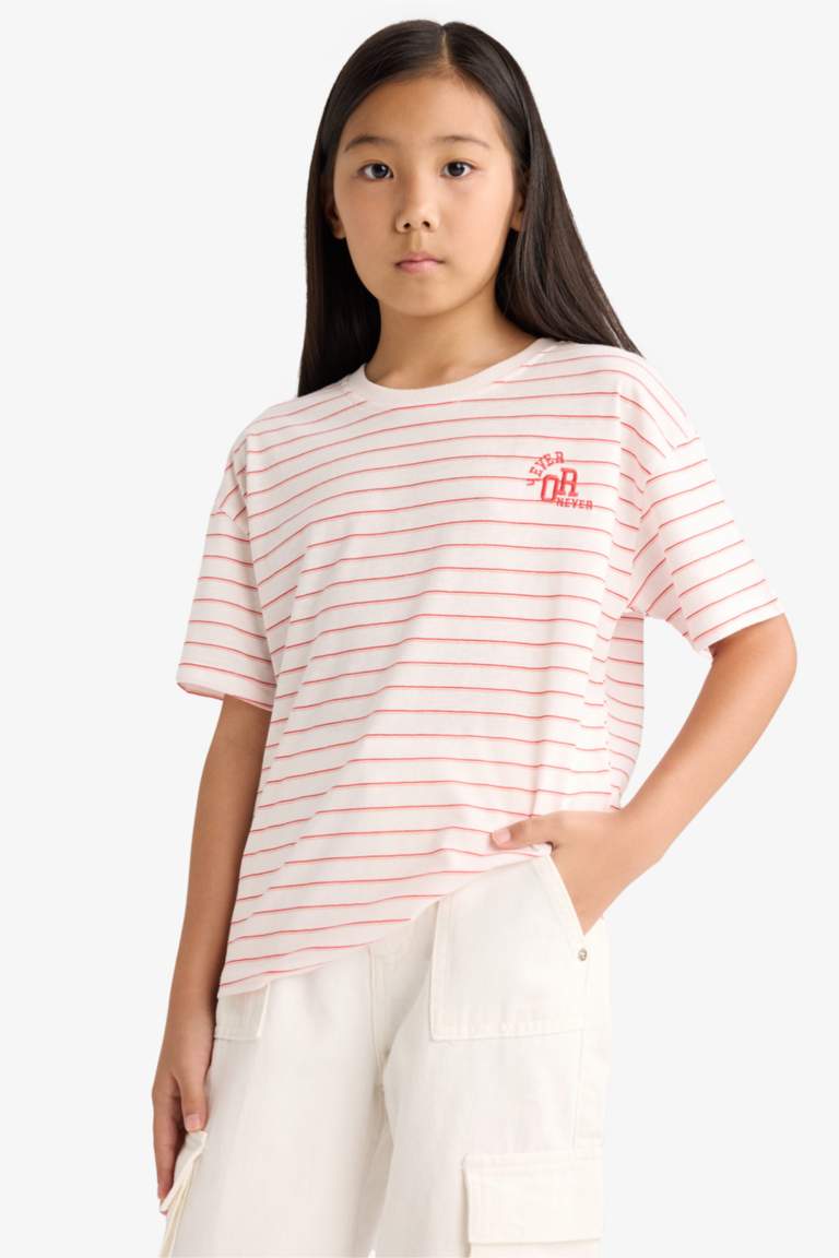 Girl Relaxed Fit Crew Neck Striped Short Sleeve T-Shirt