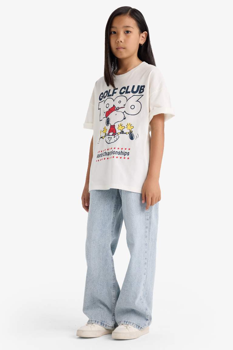 Kız Çocuk Snoopy Oversize Geniş Kalıp Bisiklet Yaka Kısa Kollu Tişört