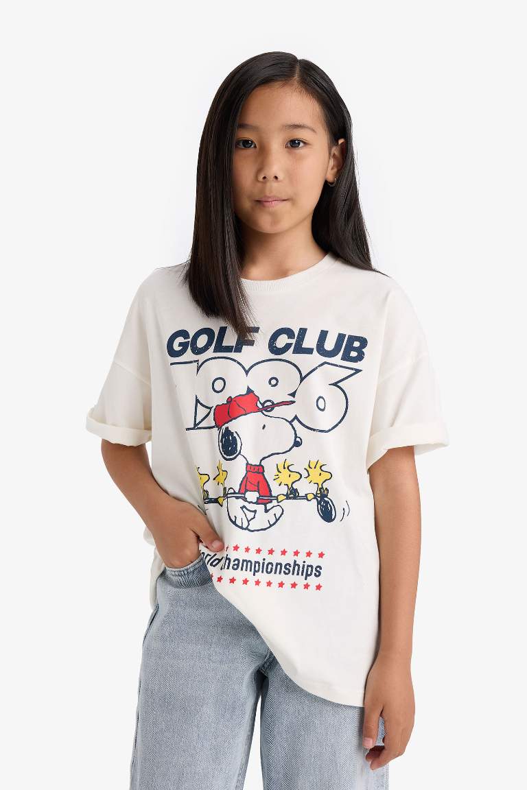 Kız Çocuk Snoopy Oversize Geniş Kalıp Bisiklet Yaka Kısa Kollu Tişört
