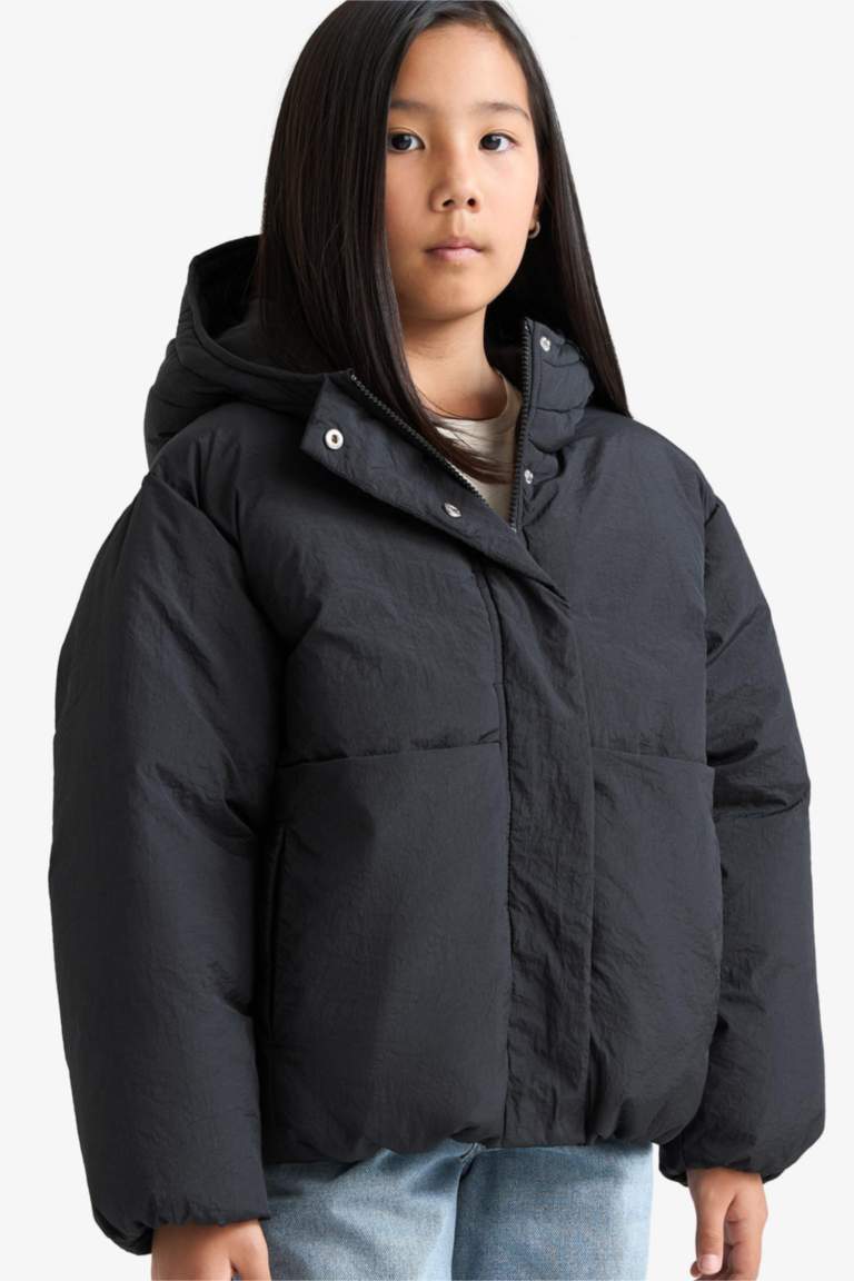 Kız Çocuk Su Geçirmez Kapüşonlu Fermuarlı Şişme Mont