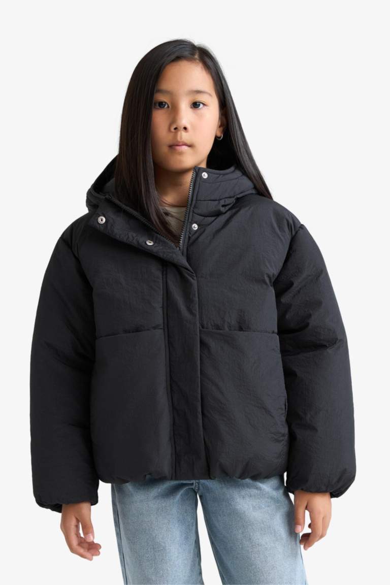 Kız Çocuk Su Geçirmez Kapüşonlu Fermuarlı Şişme Mont