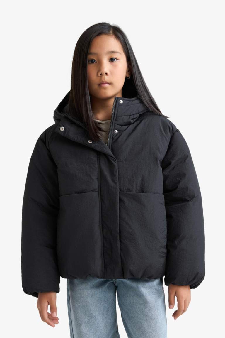 Kız Çocuk Su Geçirmez Kapüşonlu Fermuarlı Şişme Mont