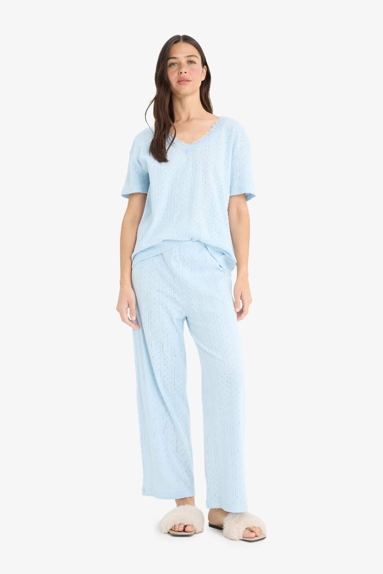 Regular Fit Pijama Takımı Kısa Kollu V Yaka Üst Esnek Belli Uzun Alt-Fall in Love