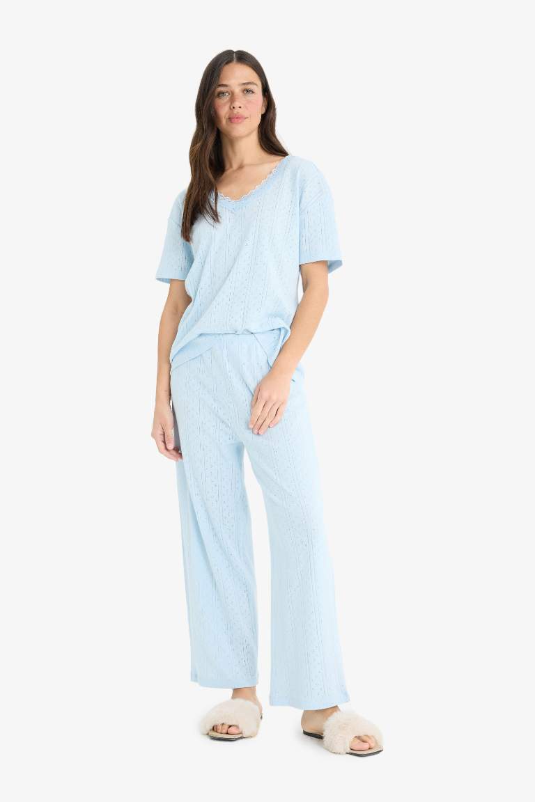 Regular Fit Pijama Takımı Kısa Kollu V Yaka Üst Esnek Belli Uzun Alt-Fall in Love