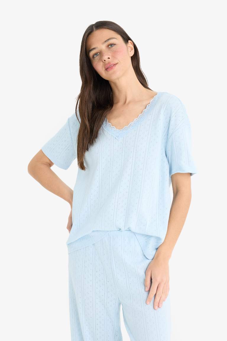Regular Fit Pijama Takımı Kısa Kollu V Yaka Üst Esnek Belli Uzun Alt-Fall in Love