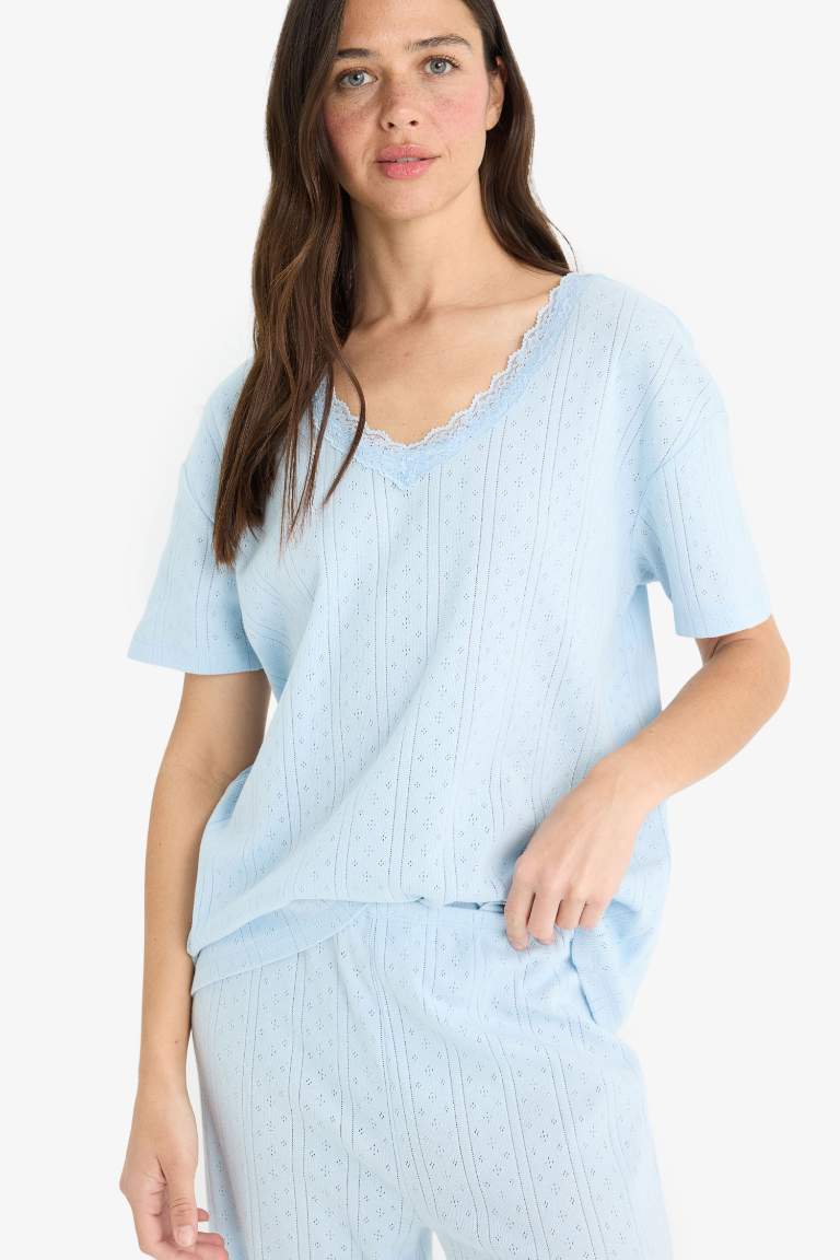 Regular Fit Pijama Takımı Kısa Kollu V Yaka Üst Esnek Belli Uzun Alt-Fall in Love