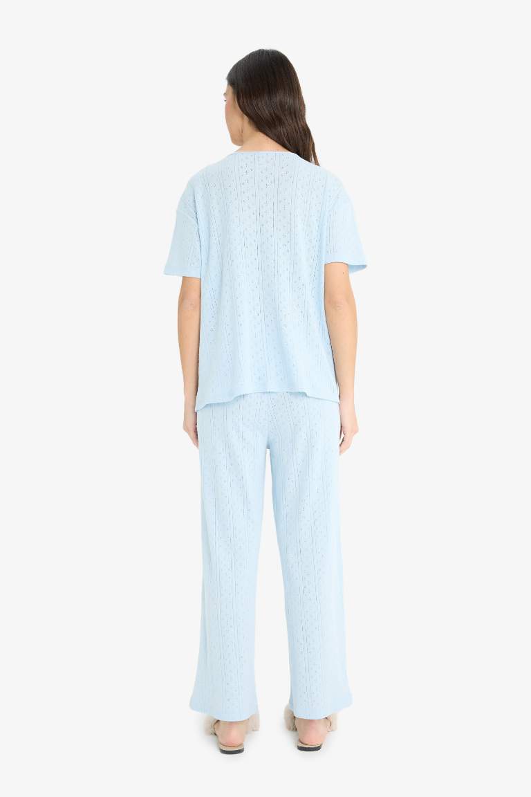 Regular Fit Pijama Takımı Kısa Kollu V Yaka Üst Esnek Belli Uzun Alt-Fall in Love
