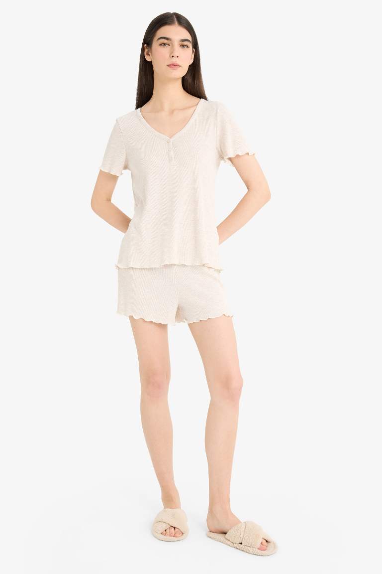 Regular Fit Ribana Kısa Kollu Üst Beli Lastikli Şort- Fall in Love