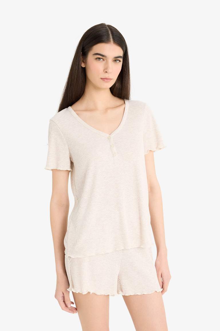 Regular Fit Ribana Kısa Kollu Üst Beli Lastikli Şort- Fall in Love