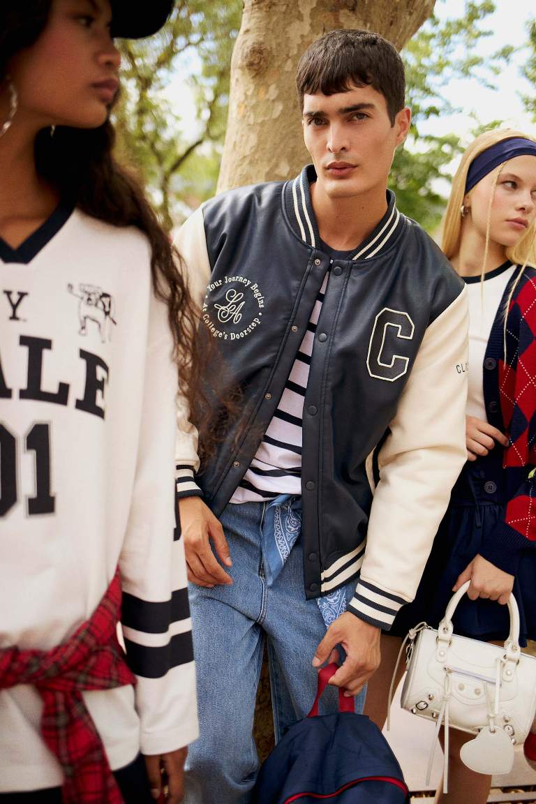 Regular Fit College Collar Faux Leather Bomber Jacket