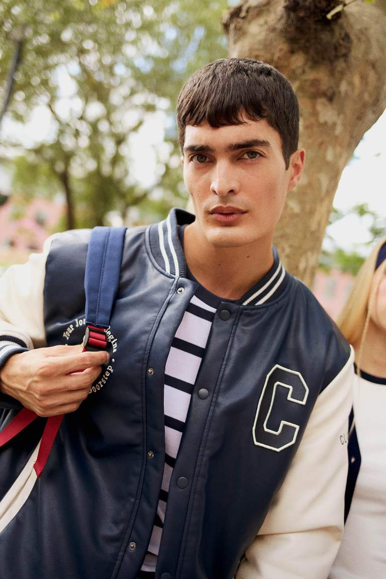Regular Fit College Collar Faux Leather Bomber Jacket