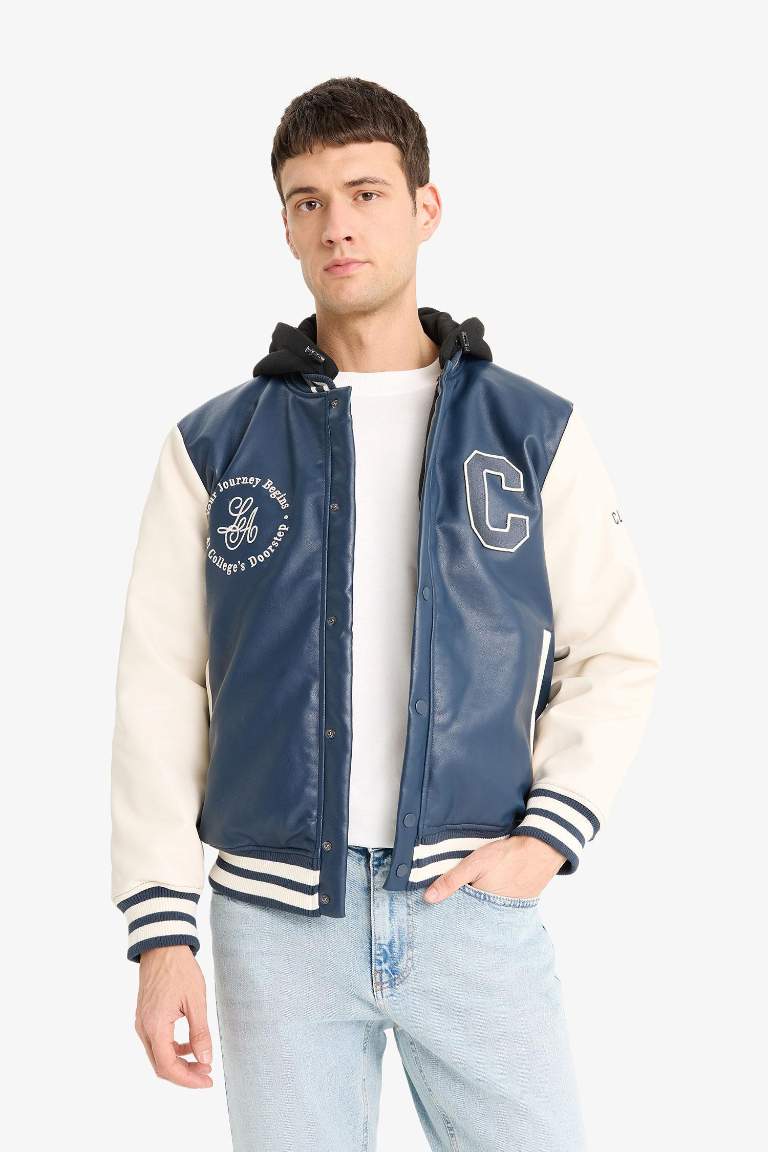 Regular Fit College Collar Faux Leather Bomber Jacket