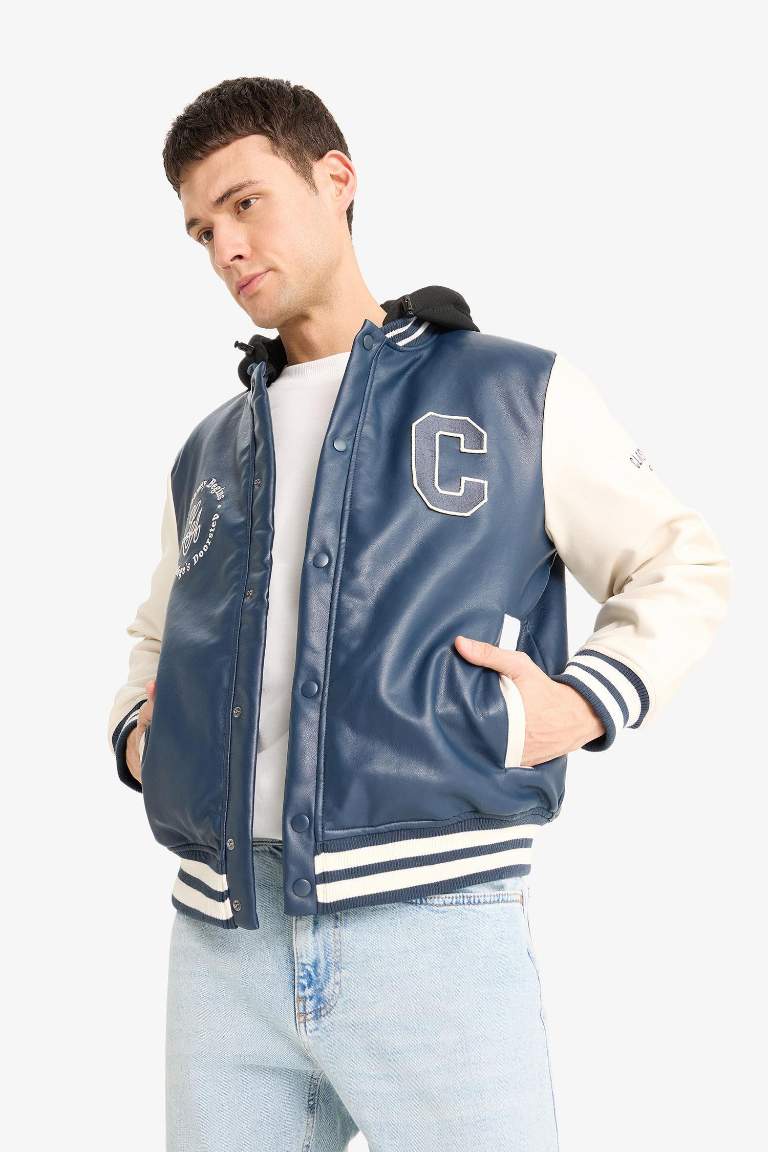 Regular Fit College Collar Faux Leather Bomber Jacket