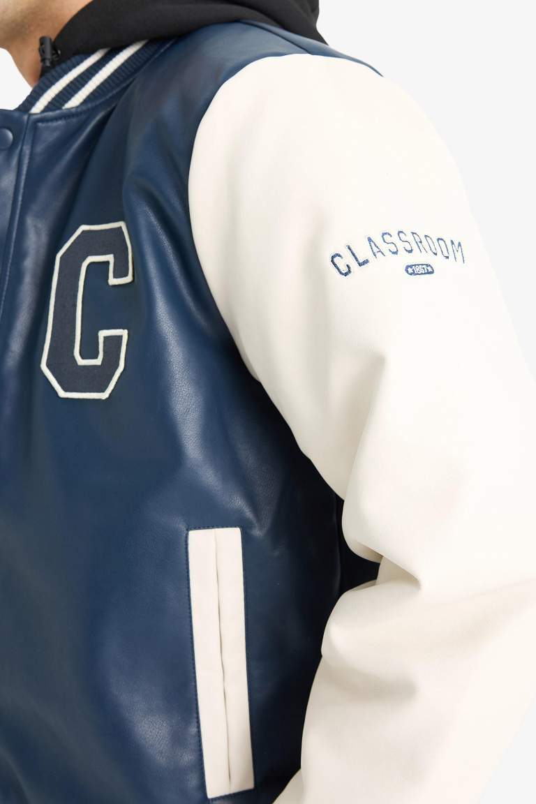 Regular Fit College Collar Faux Leather Bomber Jacket