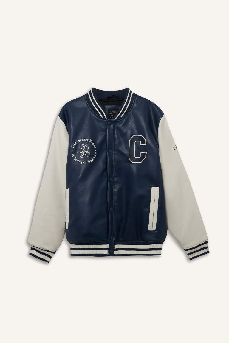 Regular Fit College Collar Faux Leather Bomber Jacket