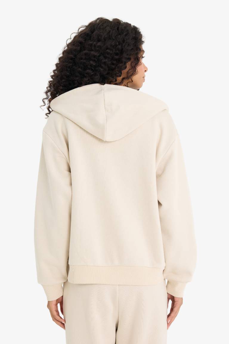 Oversize Fit Hooded Printed Thick Fabric Cardigan
