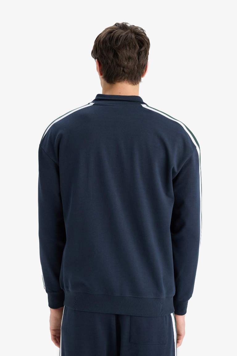 Boxy Fit Dik Yaka Baskılı Fermuarlı Sweatshirt