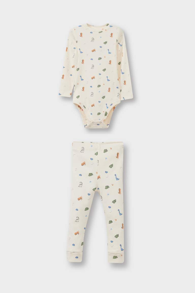 طقم بيبي أولاد بودي كم طويل مضلع برقبة مستديرة و سروال - قطعتين