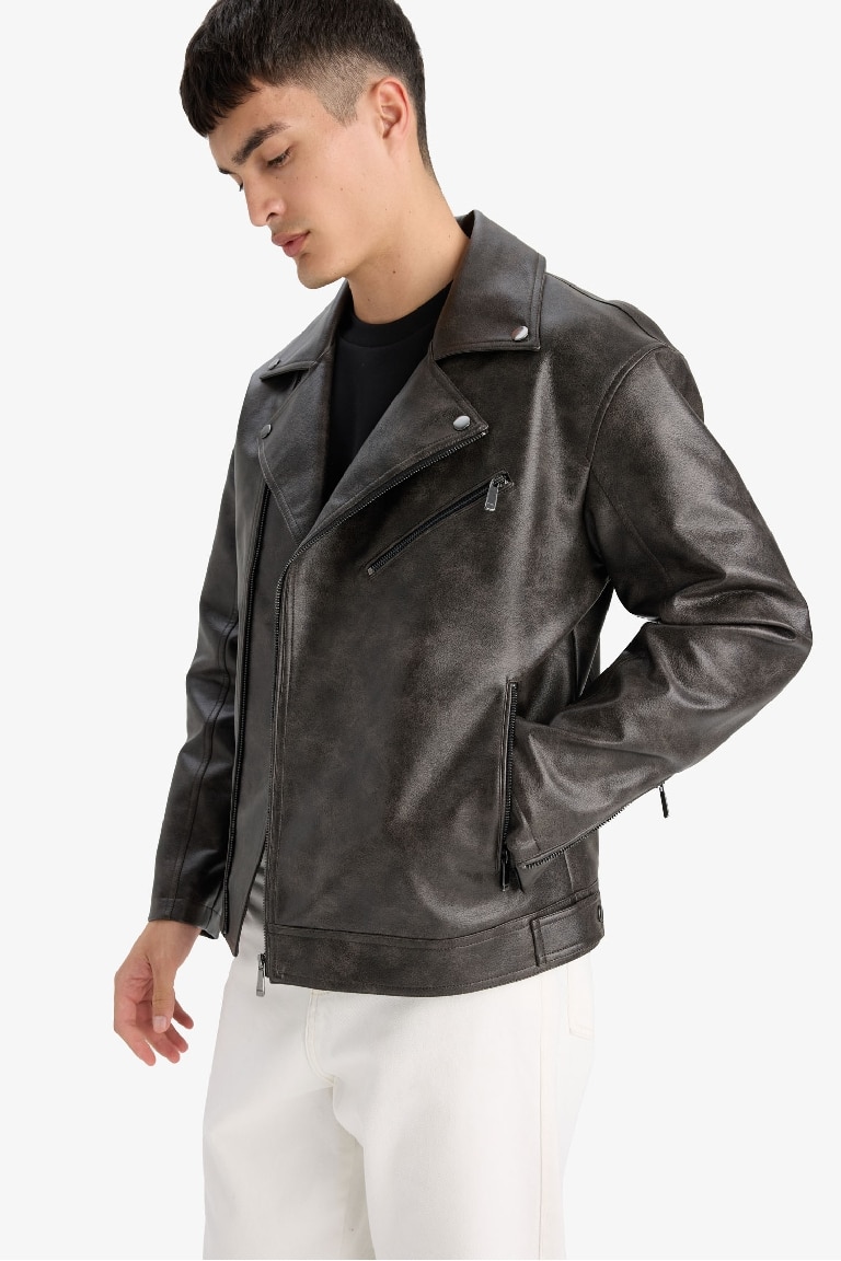 Slim Fit Polo Collar Zippered Faux Leather Jacket