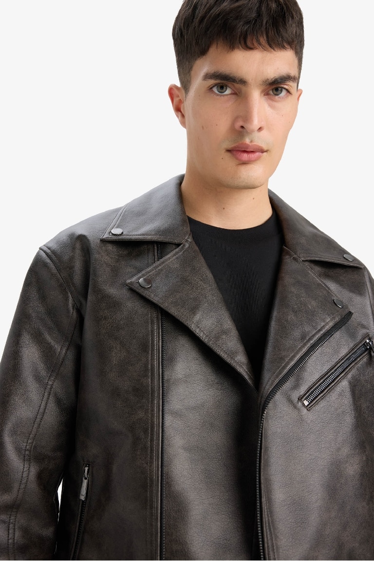 Slim Fit Polo Collar Zippered Faux Leather Jacket