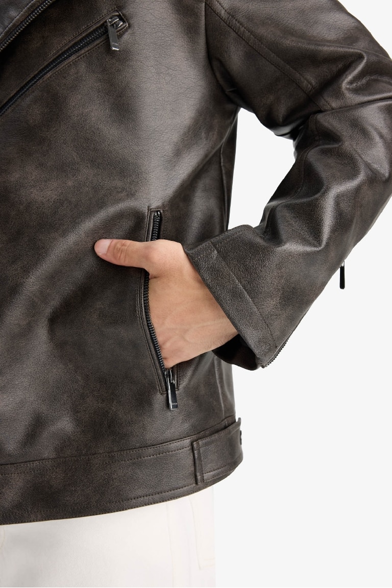 Slim Fit Polo Collar Zippered Faux Leather Jacket