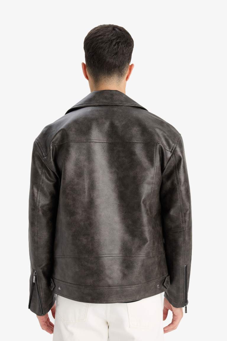Slim Fit Polo Collar Zippered Faux Leather Jacket