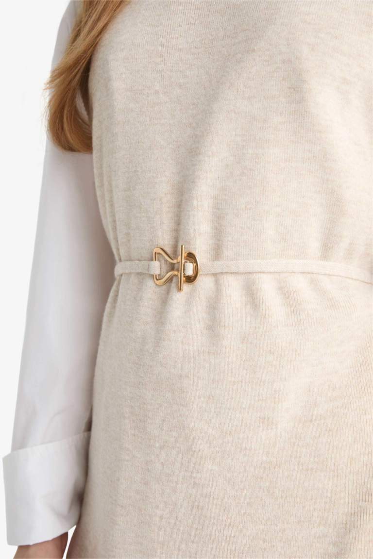 Bisiklet Yaka Kemer Detaylı Triko Süveter