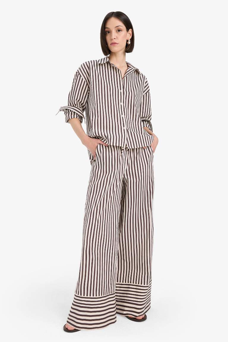 Afra x DeFacto Wide Leg Çizgili Kumaş Pantolon Çift Cepli Yüksek Bel Geniş Paça