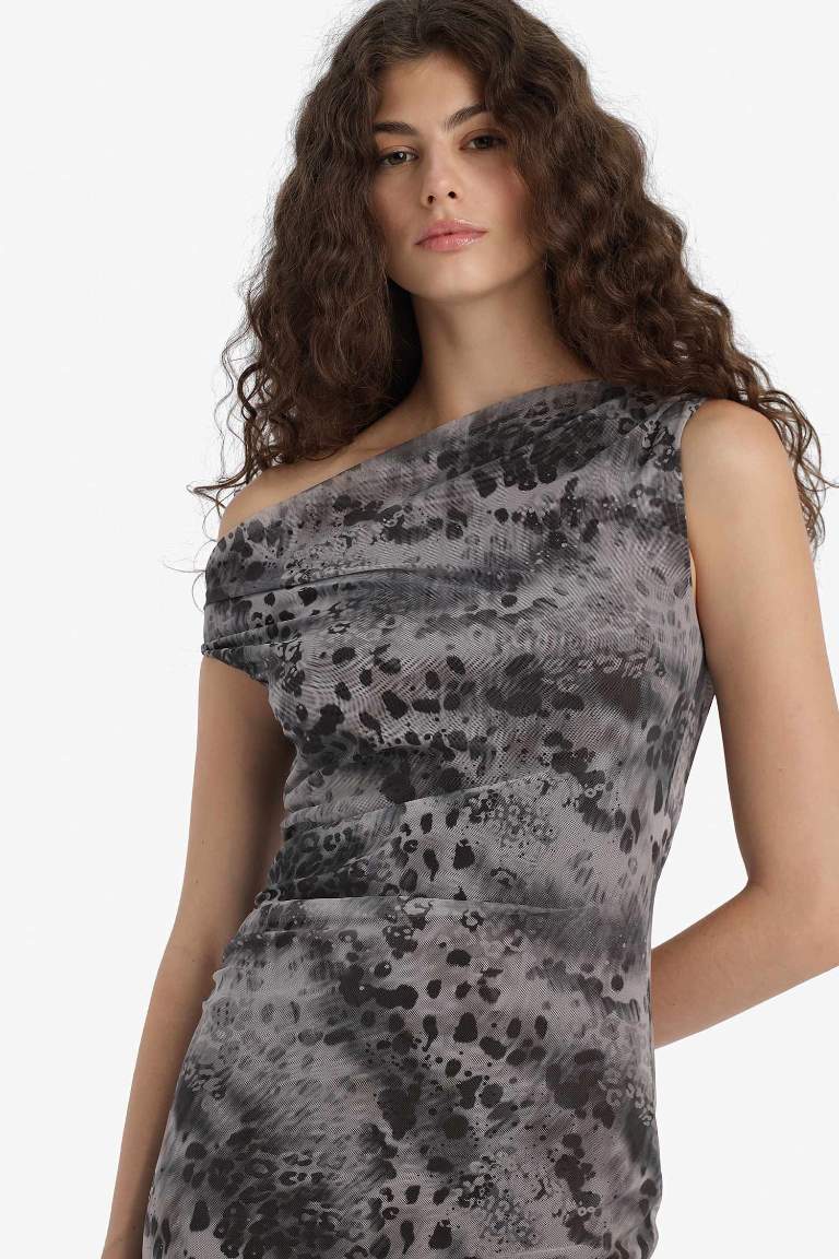 Облегающее макси-платье Bodycon с открытыми плечами, узором и из тюля
