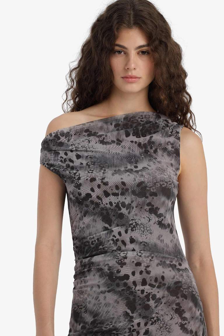 Облегающее макси-платье Bodycon с открытыми плечами, узором и из тюля