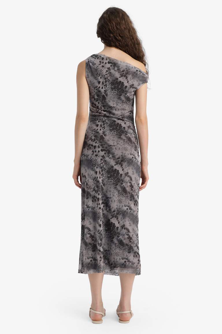 Облегающее макси-платье Bodycon с открытыми плечами, узором и из тюля