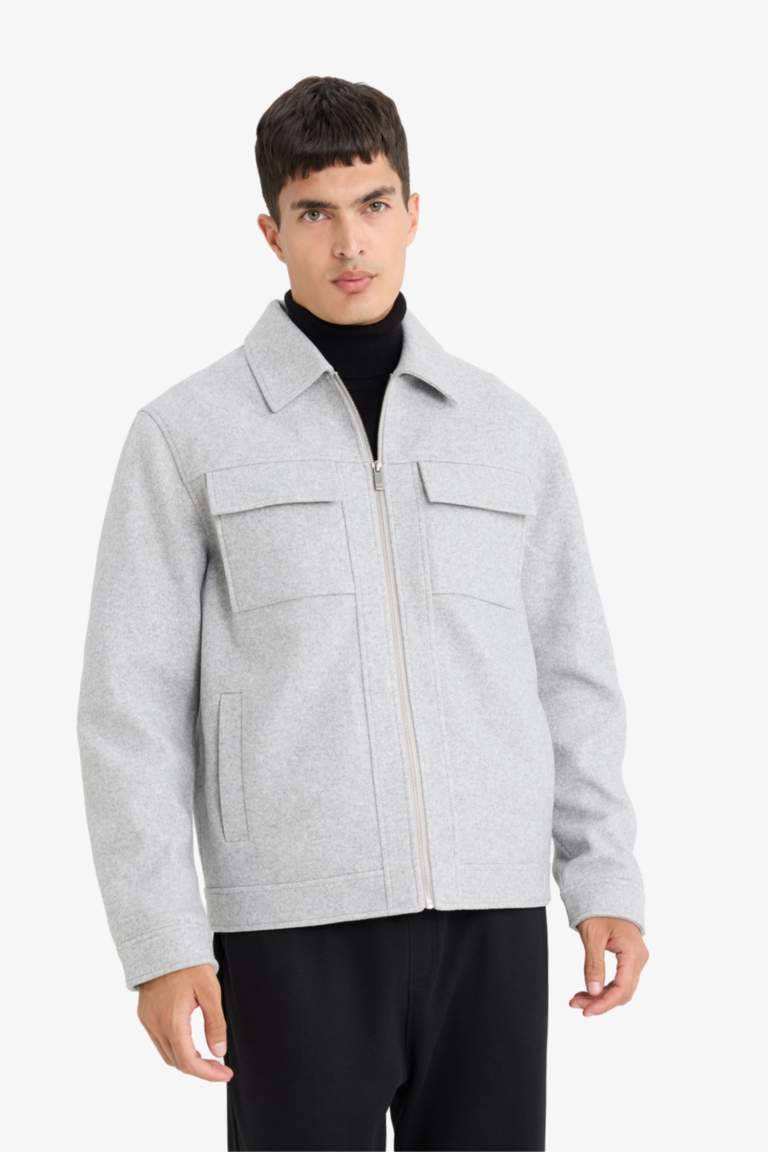 Slim Fit Polo Collar Lined Zippered Winter Jacket