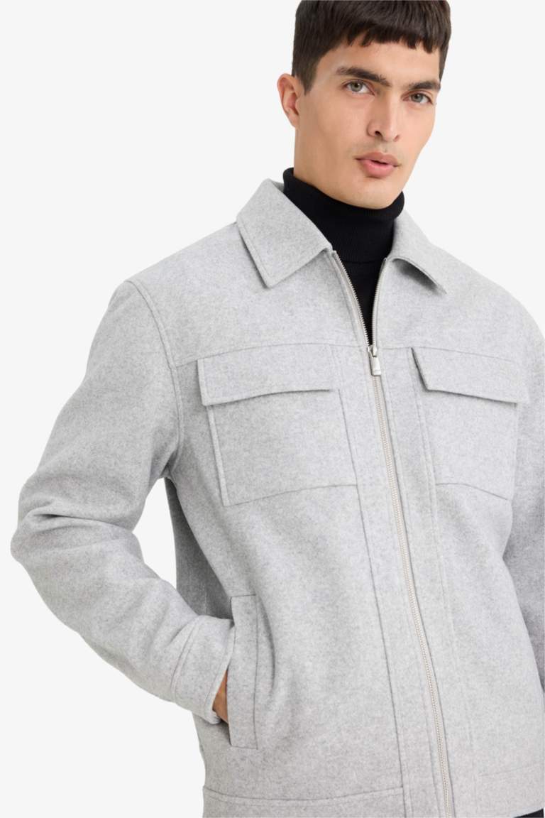 Slim Fit Polo Collar Lined Zippered Winter Jacket