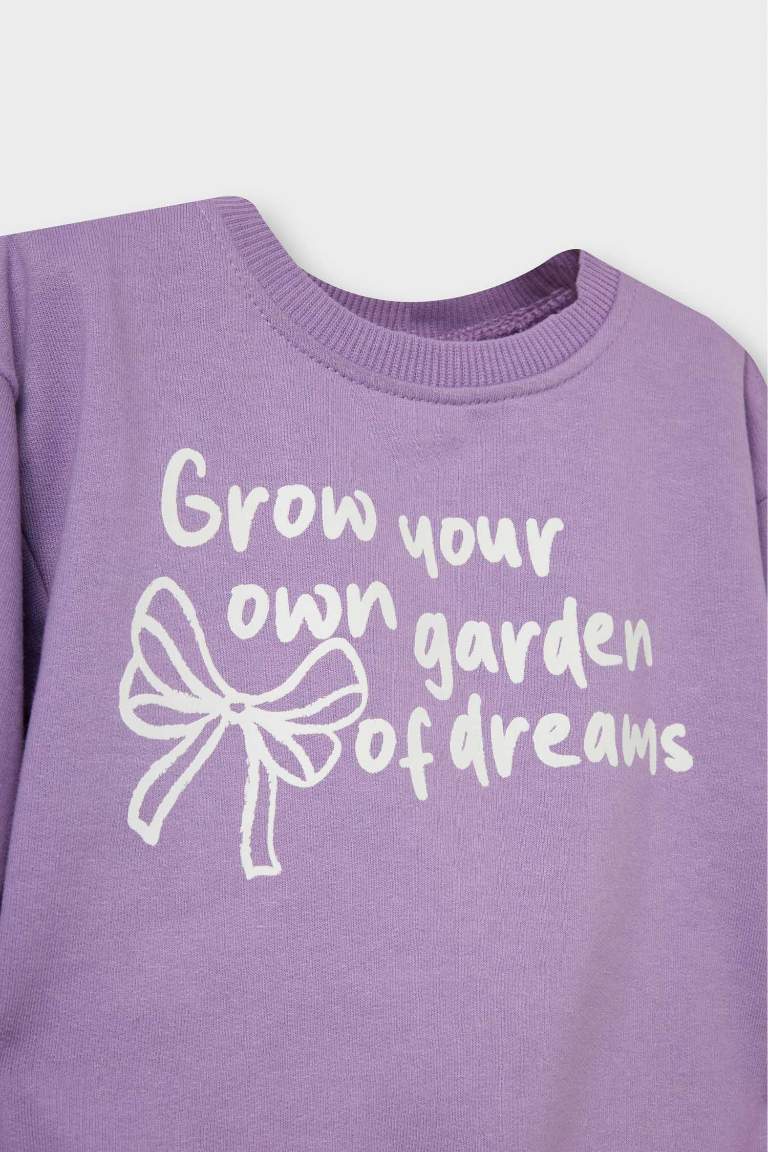 Kız Bebek 2'li Takım İçi Yumuşak Tüylü Baskılı Sweatshirt Eşofman Altı