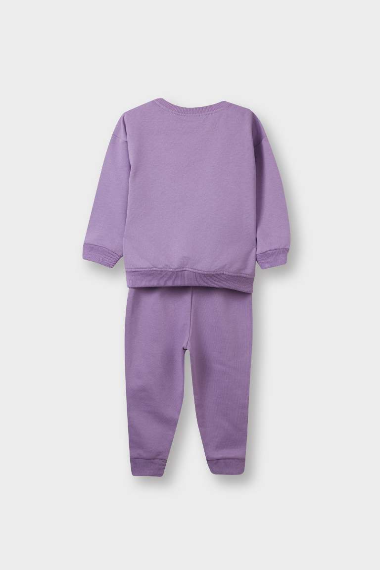 Kız Bebek 2'li Takım İçi Yumuşak Tüylü Baskılı Sweatshirt Eşofman Altı