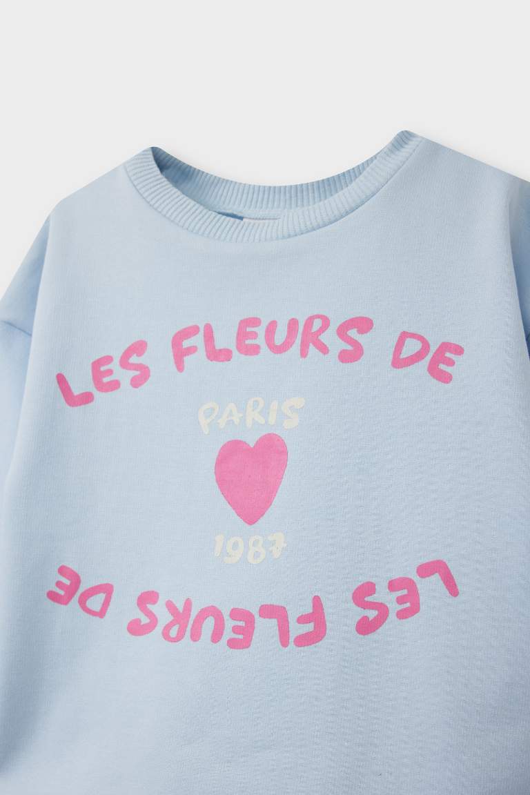 طقم بيبي بناتي بطبعة شعار قماش خفيف قصة عادية - قطعتين