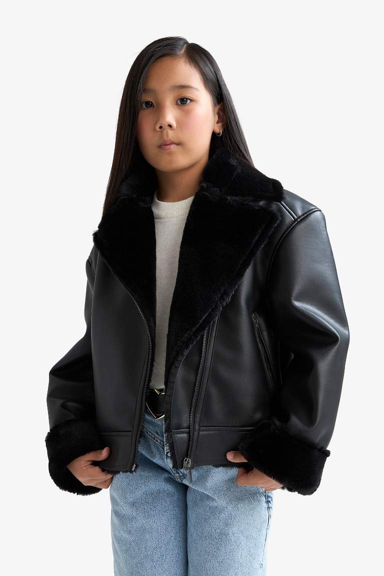 Girl Jacket Collar Faux Fur Lined Jacket