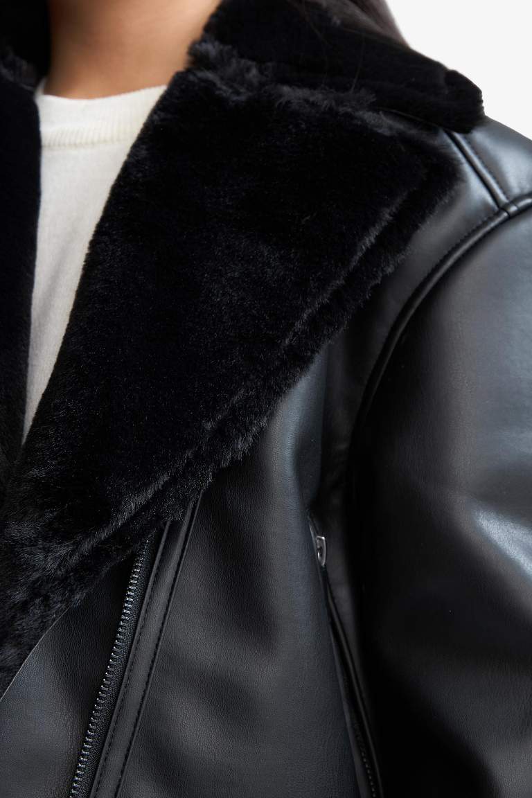 Girl Jacket Collar Faux Fur Lined Jacket