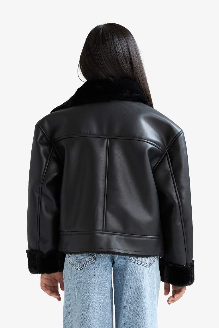 Girl Jacket Collar Faux Fur Lined Jacket
