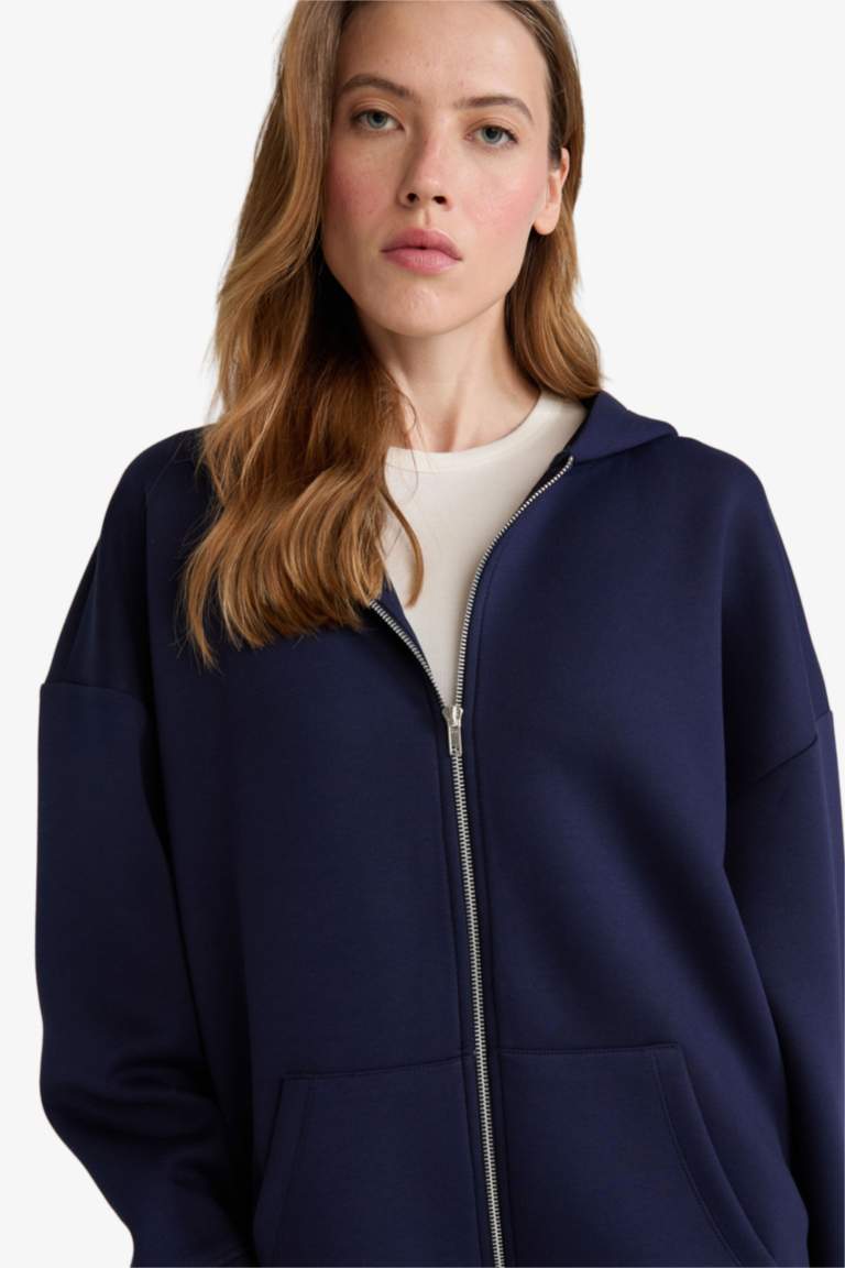 Oversize Fit Hooded Scuba Fabric Cardigan