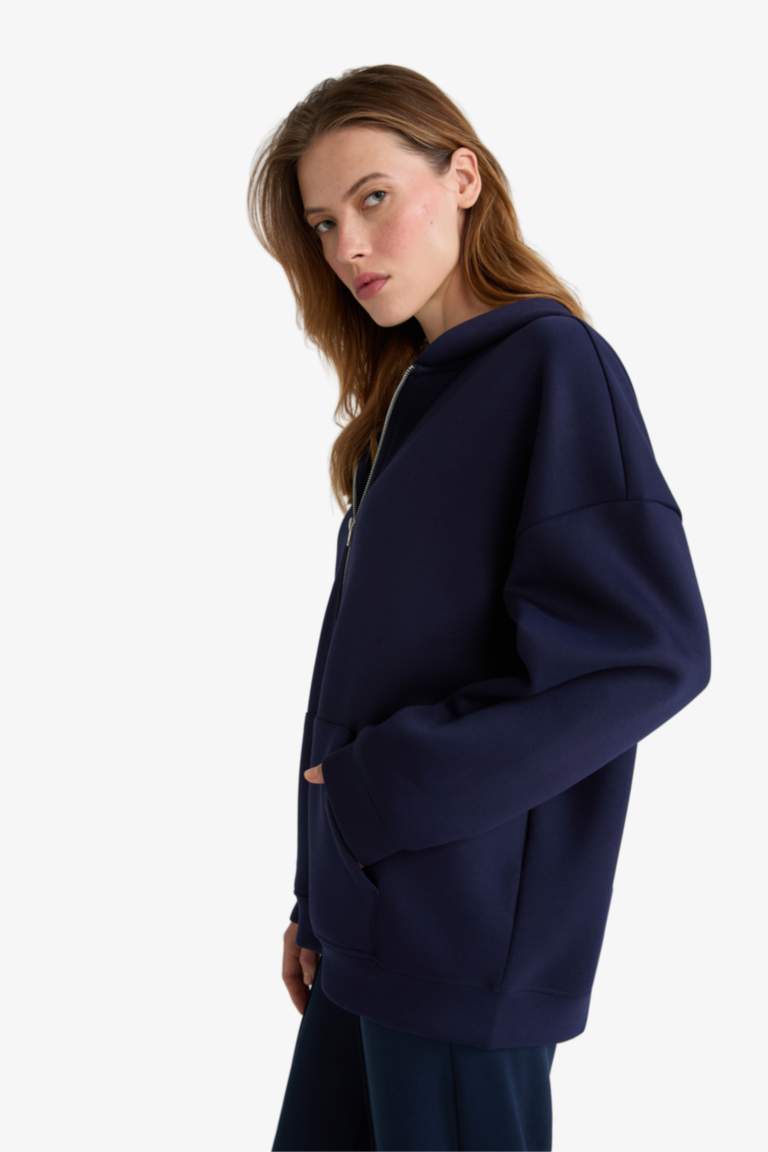 Oversize Fit Hooded Scuba Fabric Cardigan