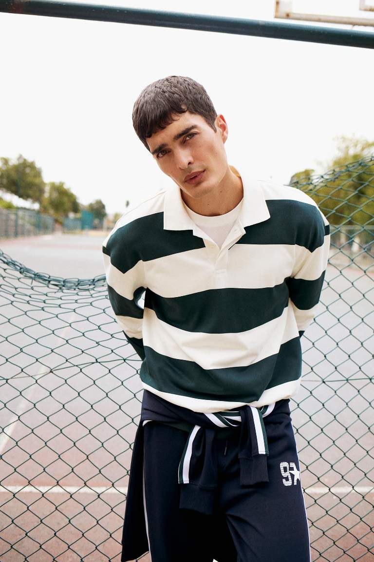 Boxy Fit Rahat Kesim Polo Yaka Düğmeli Çizgili Sweatshirt