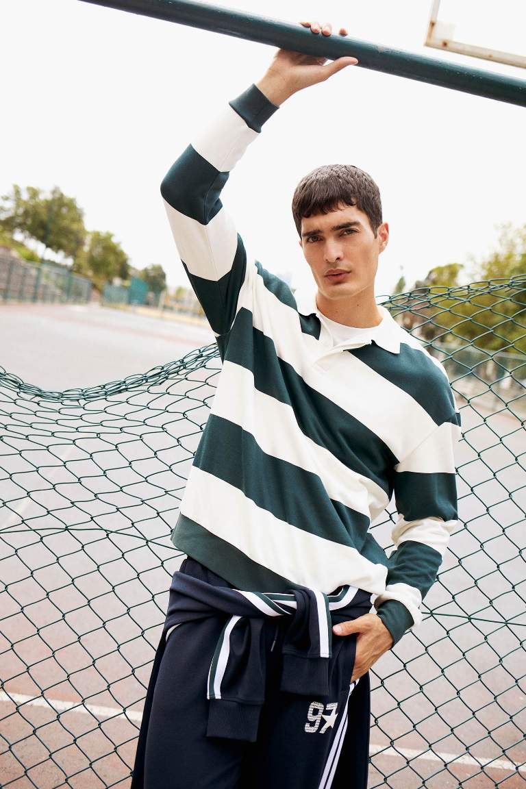 Boxy Fit Rahat Kesim Polo Yaka Düğmeli Çizgili Sweatshirt