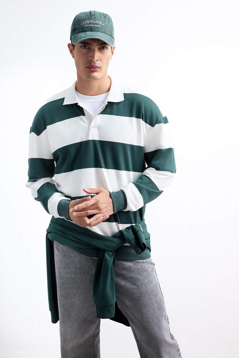 Boxy Fit Rahat Kesim Polo Yaka Düğmeli Çizgili Sweatshirt