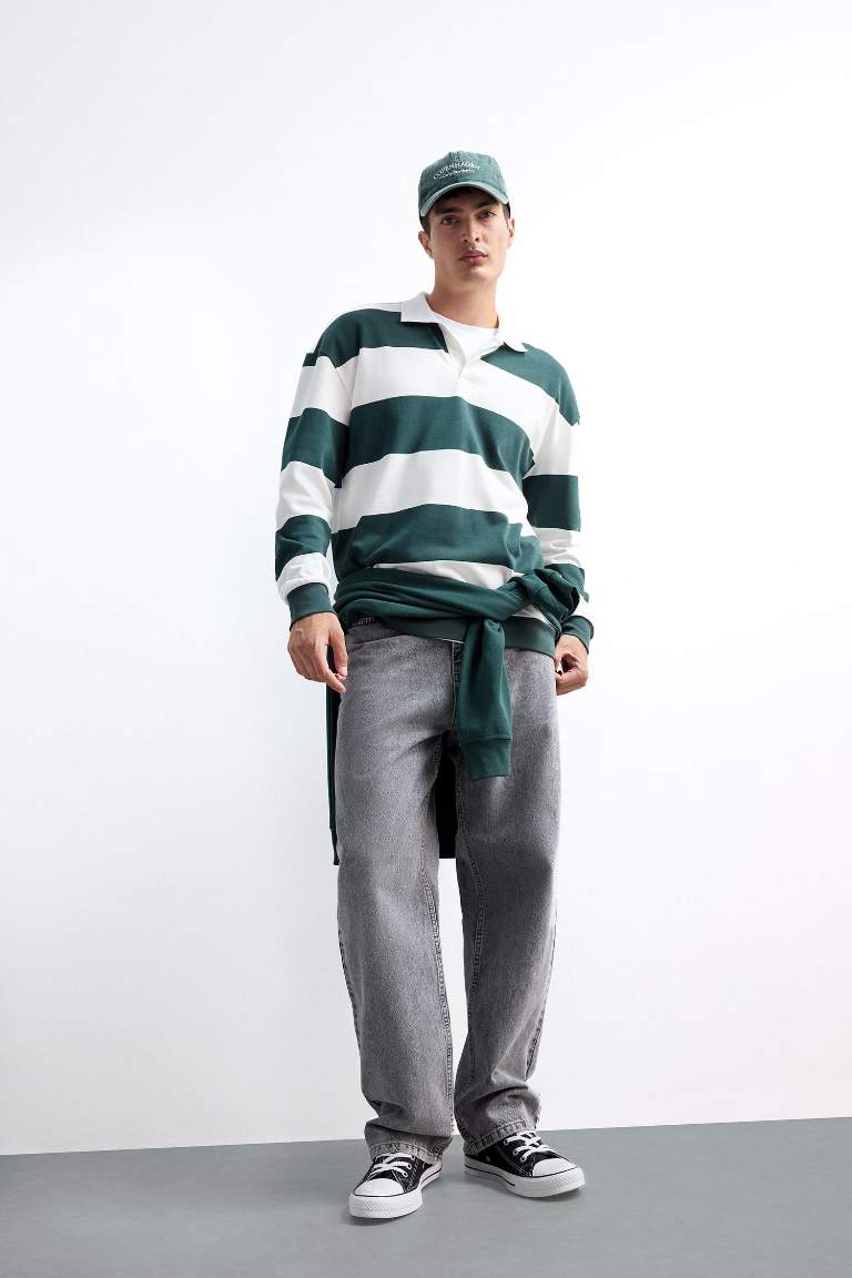 Boxy Fit Rahat Kesim Polo Yaka Düğmeli Çizgili Sweatshirt