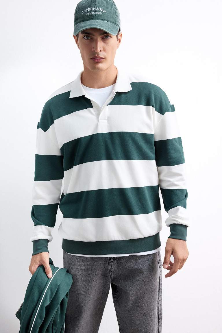 Boxy Fit Rahat Kesim Polo Yaka Düğmeli Çizgili Sweatshirt